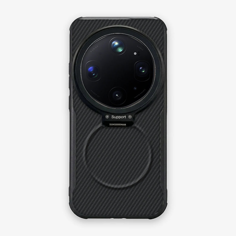 Case CamShield Carbono Oppo Find X9 Ultra en Negro Grafito: diseño en fibra de carbono, tapa de cámara que se abre como parante, compatible con accesorios magnéticos