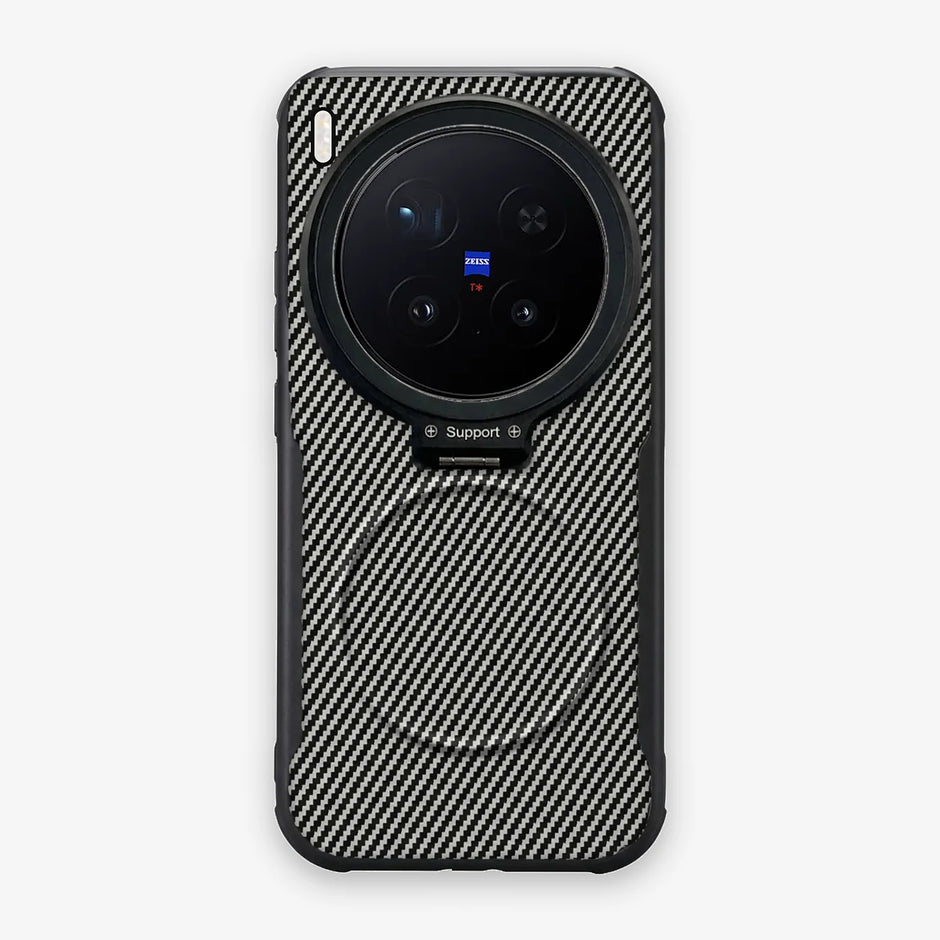 Case CamShield Carbono Vivo X300 Pro en Gris Plateado: diseño en fibra de carbono, tapa de cámara que se abre como parante, compatible con accesorios magnéticos