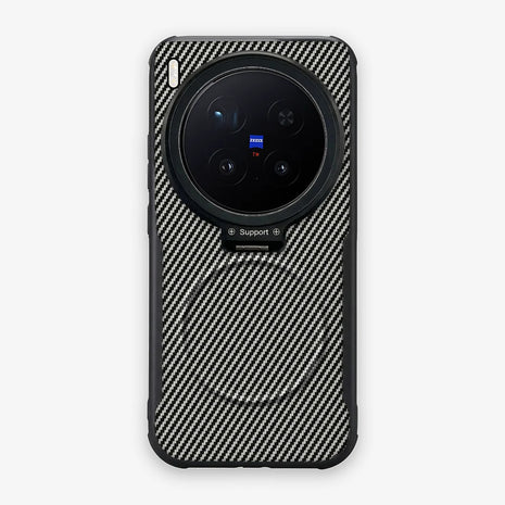 Case CamShield Carbono Vivo X300 Pro en Gris Plateado: diseño en fibra de carbono, tapa de cámara que se abre como parante, compatible con accesorios magnéticos