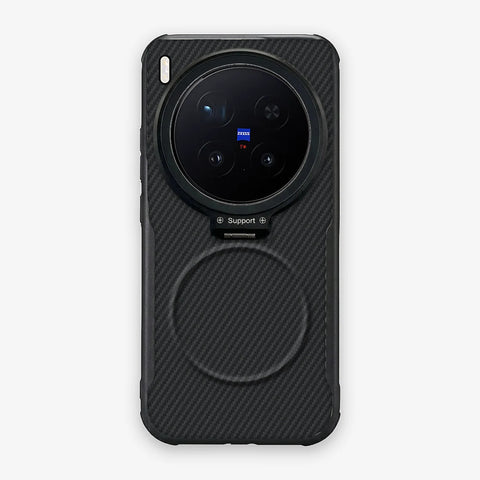 Case CamShield Carbono Vivo X300 Pro en Negro Grafito: diseño en fibra de carbono, tapa de cámara que se abre como parante, compatible con accesorios magnéticos