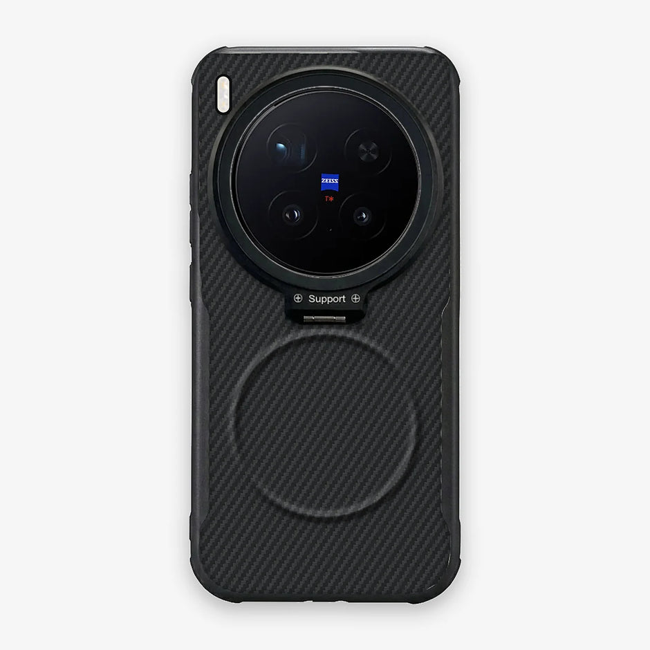 Case CamShield Carbono Vivo X300 Pro en Negro Grafito: diseño en fibra de carbono, tapa de cámara que se abre como parante, compatible con accesorios magnéticos