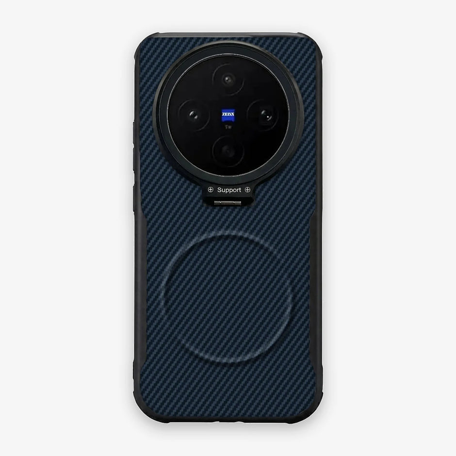 Case CamShield Carbono Vivo X300 Ultra en Azul Real: diseño en fibra de carbono, tapa de cámara que se abre como parante, compatible con accesorios magnéticos