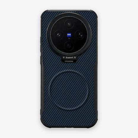 Case CamShield Carbono Vivo X300 Ultra en Azul Real: diseño en fibra de carbono, tapa de cámara que se abre como parante, compatible con accesorios magnéticos