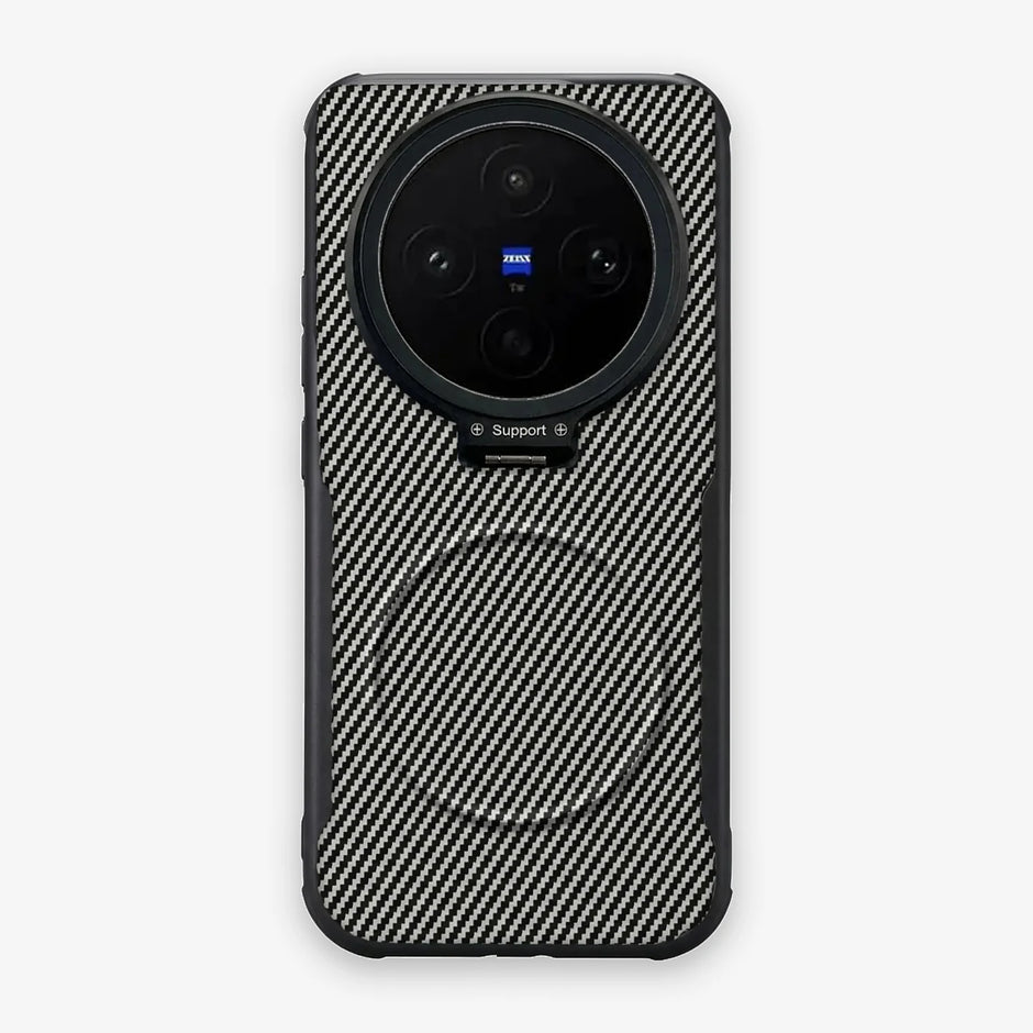 Case CamShield Carbono Vivo X300 Ultra en Gris Plateado: diseño en fibra de carbono, tapa de cámara que se abre como parante, compatible con accesorios magnéticos