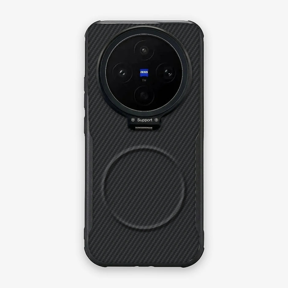 Case CamShield Carbono Vivo X300 Ultra en Negro Grafito: diseño en fibra de carbono, tapa de cámara que se abre como parante, compatible con accesorios magnéticos
