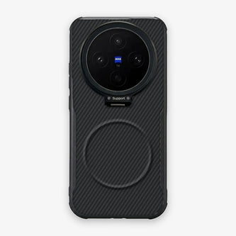 Case CamShield Carbono Vivo X300 Ultra en Negro Grafito: diseño en fibra de carbono, tapa de cámara que se abre como parante, compatible con accesorios magnéticos