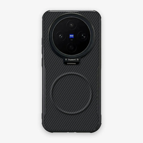 Case CamShield Carbono Vivo X300 Ultra en Negro Grafito: diseño en fibra de carbono, tapa de cámara que se abre como parante, compatible con accesorios magnéticos