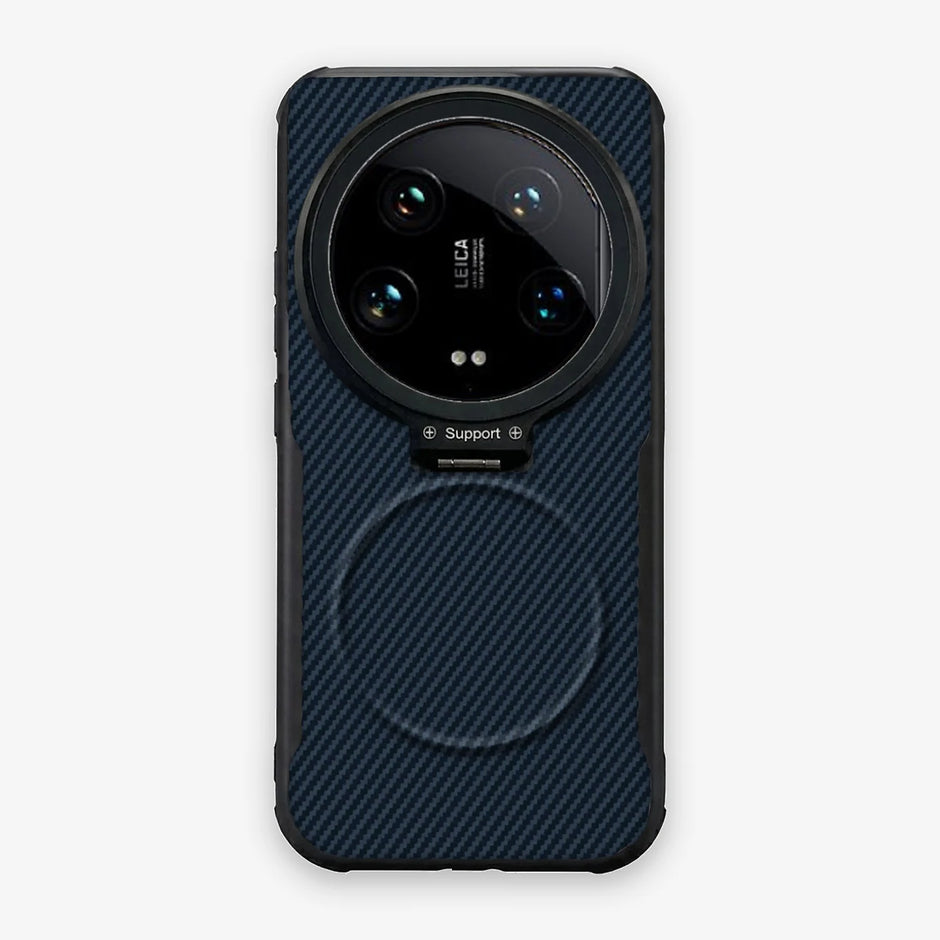Case CamShield Carbono Xiaomi 14 Ultra en Azul Real: diseño en fibra de carbono, tapa de cámara que se abre como parante, compatible con accesorios magnéticos