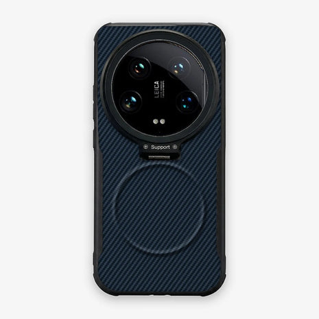 Case CamShield Carbono Xiaomi 14 Ultra en Azul Real: diseño en fibra de carbono, tapa de cámara que se abre como parante, compatible con accesorios magnéticos