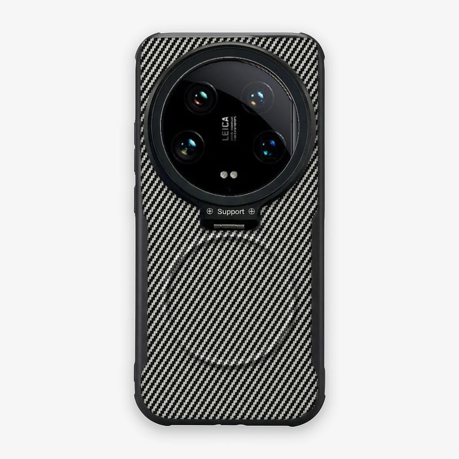 Case CamShield Carbono Xiaomi 14 Ultra en Gris Plateado: diseño en fibra de carbono, tapa de cámara que se abre como parante, compatible con accesorios magnéticos