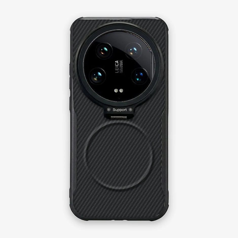 Case CamShield Carbono Xiaomi 14 Ultra en Negro Grafito: diseño en fibra de carbono, tapa de cámara que se abre como parante, compatible con accesorios magnéticos