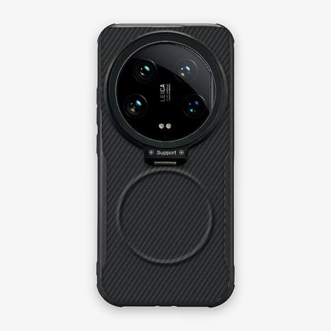 Case CamShield Carbono Xiaomi 14 Ultra en Negro Grafito: diseño en fibra de carbono, tapa de cámara que se abre como parante, compatible con accesorios magnéticos