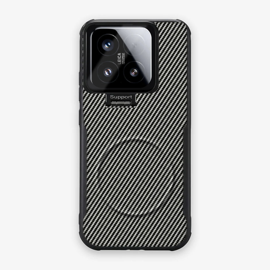 Case CamShield Carbono Xiaomi 15 en Gris Plateado: diseño en fibra de carbono, tapa de cámara que se abre como parante, compatible con accesorios magnéticos