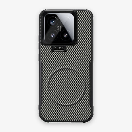 Case CamShield Carbono Xiaomi 15 en Gris Plateado: diseño en fibra de carbono, tapa de cámara que se abre como parante, compatible con accesorios magnéticos