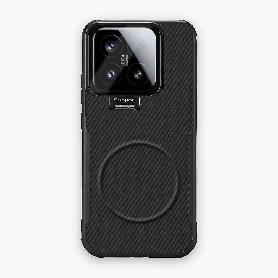 Case CamShield Carbono Xiaomi 15 en Negro Grafito: diseño en fibra de carbono, tapa de cámara que se abre como parante, compatible con accesorios magnéticos