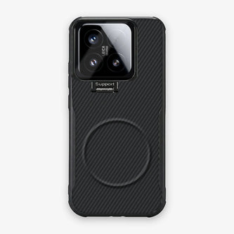 Case CamShield Carbono Xiaomi 15 en Negro Grafito: diseño en fibra de carbono, tapa de cámara que se abre como parante, compatible con accesorios magnéticos