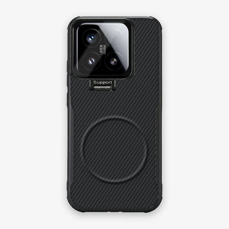 Case CamShield Carbono Xiaomi 15 en Negro Grafito: diseño en fibra de carbono, tapa de cámara que se abre como parante, compatible con accesorios magnéticos