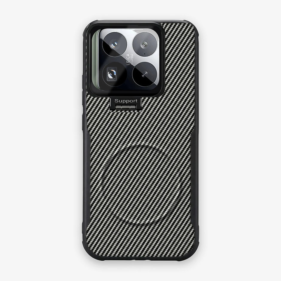 Case CamShield Carbono Xiaomi 15 Pro en Gris Plateado: diseño en fibra de carbono, tapa de cámara que se abre como parante, compatible con accesorios magnéticos