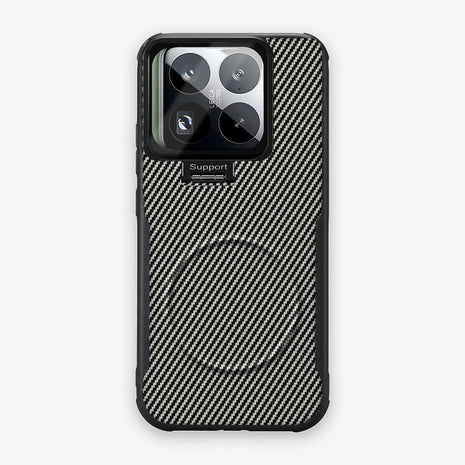 Case CamShield Carbono Xiaomi 15 Pro en Gris Plateado: diseño en fibra de carbono, tapa de cámara que se abre como parante, compatible con accesorios magnéticos