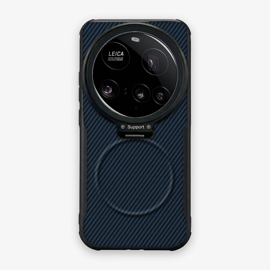Case CamShield Carbono Xiaomi 15 Ultra en Azul Real: diseño en fibra de carbono, tapa de cámara que se abre como parante, compatible con accesorios magnéticos