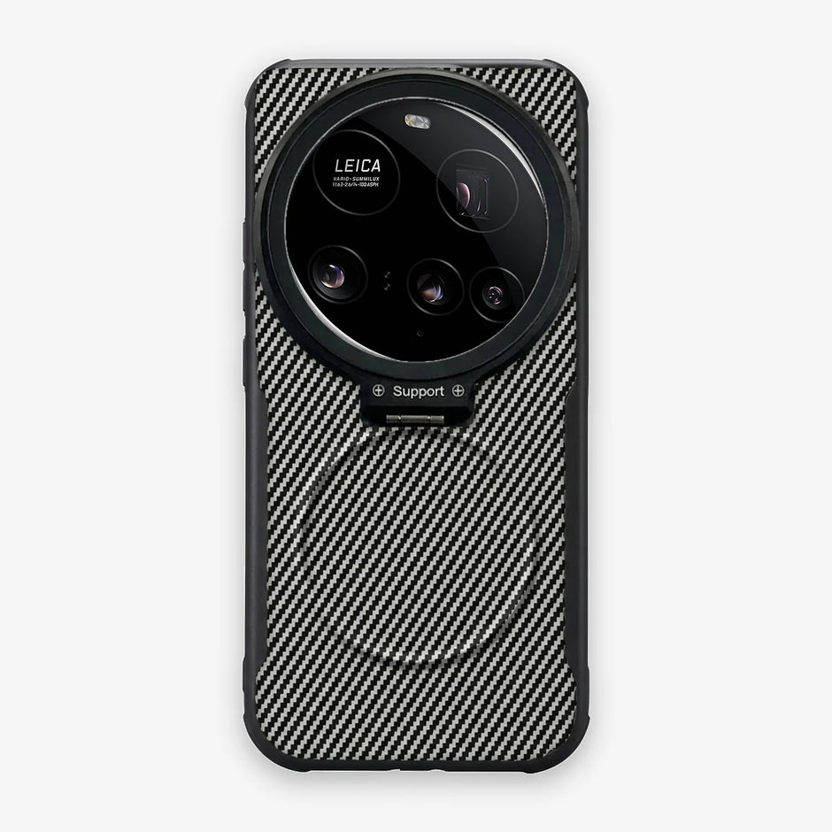 Case CamShield Carbono Xiaomi 15 Ultra en Gris Plateado: diseño en fibra de carbono, tapa de cámara que se abre como parante, compatible con accesorios magnéticos