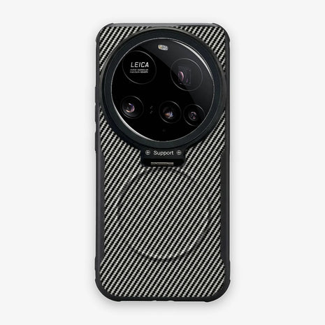 Case CamShield Carbono Xiaomi 15 Ultra en Gris Plateado: diseño en fibra de carbono, tapa de cámara que se abre como parante, compatible con accesorios magnéticos