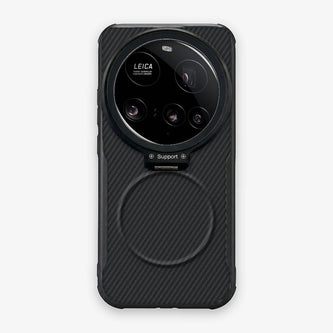 Case CamShield Carbono Xiaomi 15 Ultra en Negro Grafito: diseño en fibra de carbono, tapa de cámara que se abre como parante, compatible con accesorios magnéticos