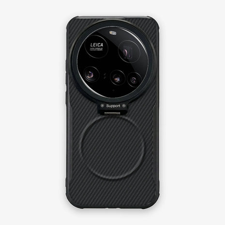 Case CamShield Carbono Xiaomi 15 Ultra en Negro Grafito: diseño en fibra de carbono, tapa de cámara que se abre como parante, compatible con accesorios magnéticos