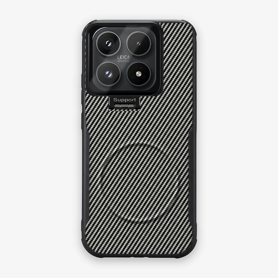Case CamShield Carbono Xiaomi 17 en Gris Plateado: diseño en fibra de carbono, tapa de cámara que se abre como parante, compatible con accesorios magnéticos