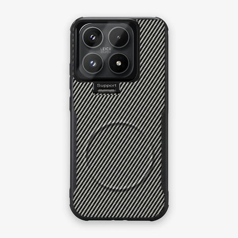 Case CamShield Carbono Xiaomi 17 en Gris Plateado: diseño en fibra de carbono, tapa de cámara que se abre como parante, compatible con accesorios magnéticos