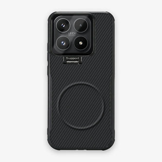 Case CamShield Carbono Xiaomi 17 en Negro Grafito: diseño en fibra de carbono, tapa de cámara que se abre como parante, compatible con accesorios magnéticos