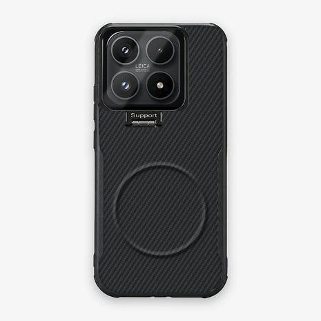 Case CamShield Carbono Xiaomi 17 en Negro Grafito: diseño en fibra de carbono, tapa de cámara que se abre como parante, compatible con accesorios magnéticos