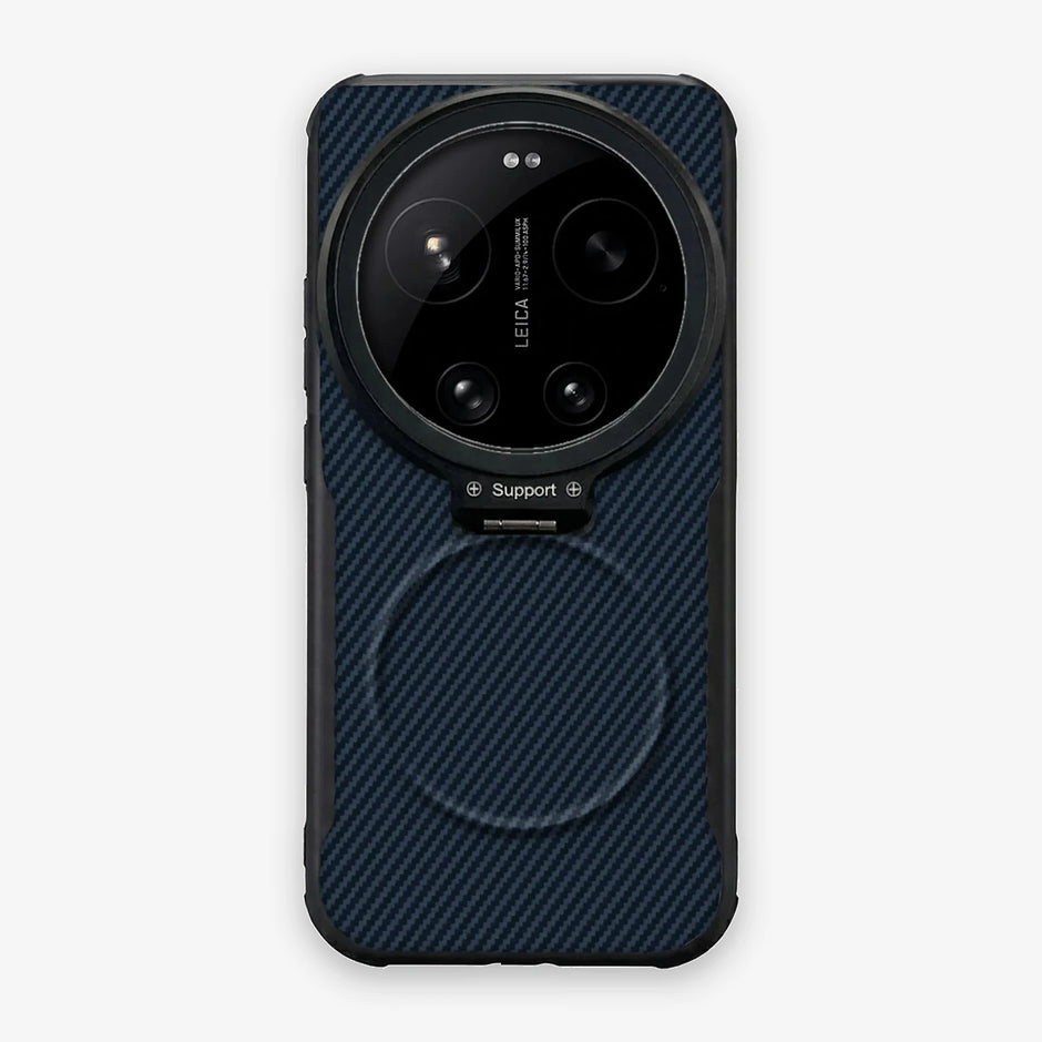 Case CamShield Carbono Xiaomi 17 Ultra en Azul Real: diseño en fibra de carbono, tapa de cámara que se abre como parante, compatible con accesorios magnéticos