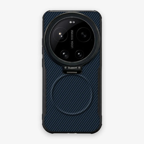 Case CamShield Carbono Xiaomi 17 Ultra en Azul Real: diseño en fibra de carbono, tapa de cámara que se abre como parante, compatible con accesorios magnéticos