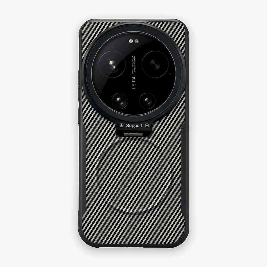 Case CamShield Carbono Xiaomi 17 Ultra en Gris Plateado: diseño en fibra de carbono, tapa de cámara que se abre como parante, compatible con accesorios magnéticos