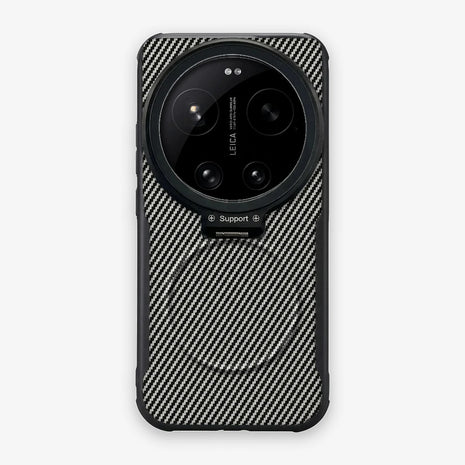 Case CamShield Carbono Xiaomi 17 Ultra en Gris Plateado: diseño en fibra de carbono, tapa de cámara que se abre como parante, compatible con accesorios magnéticos