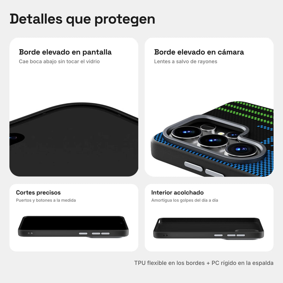 Carbono Deluxe MagSafe: bordes elevados en pantalla y cámara, cortes precisos e interior acolchado