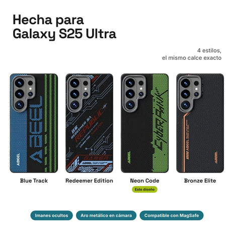 Carbono Deluxe MagSafe para Galaxy S25 Ultra: estilos Blue Track, Redeemer Edition, Neon Code y Bronze Elite
