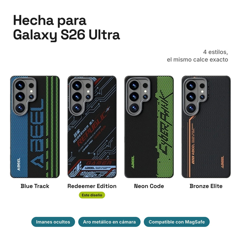 Carbono Deluxe MagSafe para Galaxy S26 Ultra: estilos Blue Track, Redeemer Edition, Neon Code y Bronze Elite