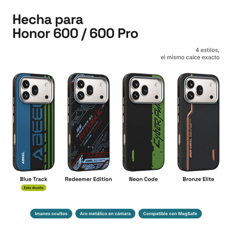 Carbono Deluxe MagSafe para Honor 600 / 600 Pro: estilos Blue Track, Redeemer Edition, Neon Code y Bronze Elite