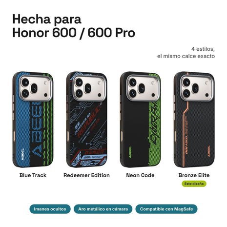 Carbono Deluxe MagSafe para Honor 600 / 600 Pro: estilos Blue Track, Redeemer Edition, Neon Code y Bronze Elite