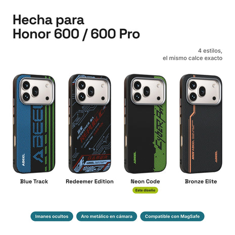 Carbono Deluxe MagSafe para Honor 600 / 600 Pro: estilos Blue Track, Redeemer Edition, Neon Code y Bronze Elite
