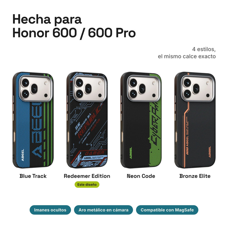 Carbono Deluxe MagSafe para Honor 600 / 600 Pro: estilos Blue Track, Redeemer Edition, Neon Code y Bronze Elite