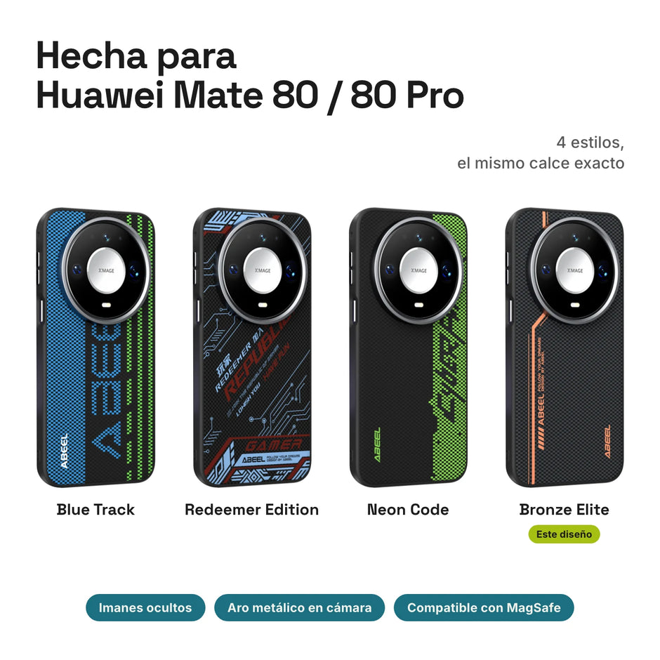 Carbono Deluxe MagSafe para Huawei Mate 80 / 80 Pro: estilos Blue Track, Redeemer Edition, Neon Code y Bronze Elite
