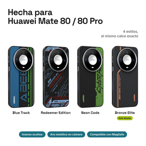 Carbono Deluxe MagSafe para Huawei Mate 80 / 80 Pro: estilos Blue Track, Redeemer Edition, Neon Code y Bronze Elite