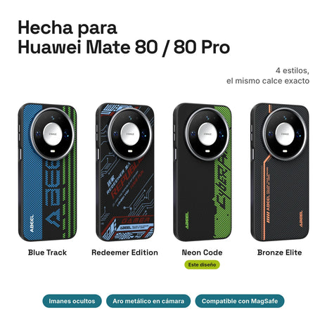 Carbono Deluxe MagSafe para Huawei Mate 80 / 80 Pro: estilos Blue Track, Redeemer Edition, Neon Code y Bronze Elite