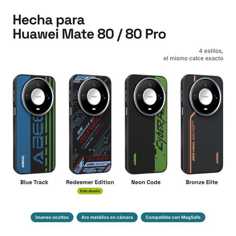 Carbono Deluxe MagSafe para Huawei Mate 80 / 80 Pro: estilos Blue Track, Redeemer Edition, Neon Code y Bronze Elite