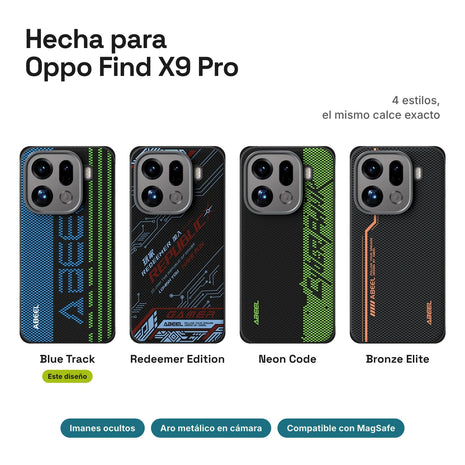 Carbono Deluxe MagSafe para Oppo Find X9 Pro: estilos Blue Track, Redeemer Edition, Neon Code y Bronze Elite
