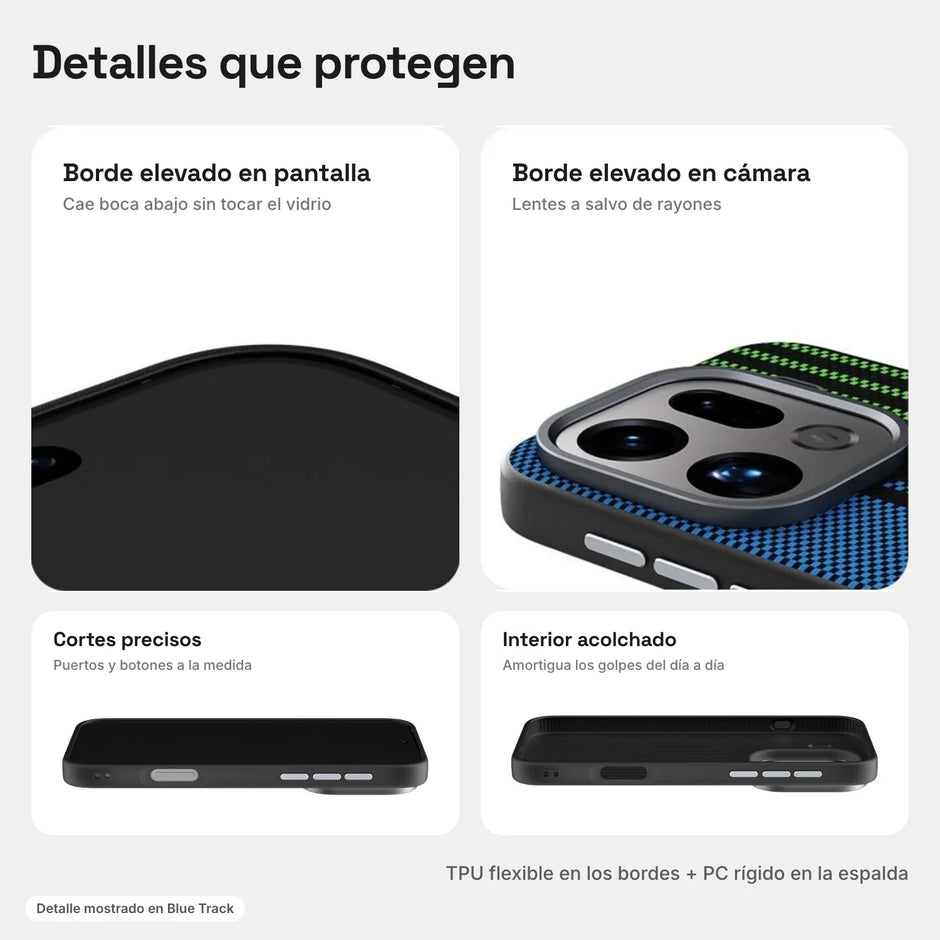 Carbono Deluxe MagSafe: bordes elevados en pantalla y cámara, cortes precisos e interior acolchado