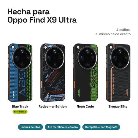 Carbono Deluxe MagSafe para Oppo Find X9 Ultra: estilos Blue Track, Redeemer Edition, Neon Code y Bronze Elite